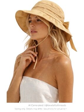 Tan Wide Brim Sun Hat Adjustable Bow Strap Packable Coastal Chic